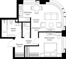 Планировка однокомнатной(квартира) площадью 53.22 квадратных метров в “ЖК Веер”