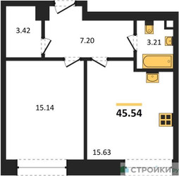 Планировка однокомнатной(квартира) площадью 45.54 квадратных метров в ЖК “ЖК Sezar City (Сезар Сити)”