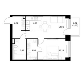 Планировка однокомнатной(квартира) площадью 50.15 квадратных метров в ЖК “ЖК НОВА”