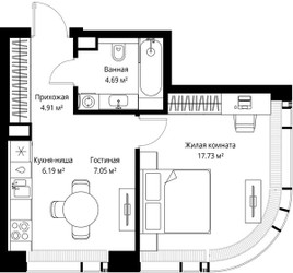 Планировка однокомнатной(квартира) площадью 40.57 квадратных метров в ЖК “ЖК Веер”