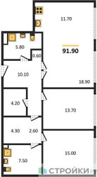 Планировка трехкомнатной(квартира) площадью 91.9 квадратных метров в ЖК “ЖК PRIDE (Прайд)”