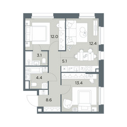 Планировка трехкомнатной(квартира) площадью 59 квадратных метров в ЖК “ЖК Станиславский”