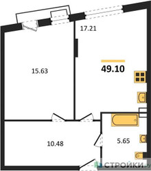 Планировка однокомнатной(квартира) площадью 49.1 квадратных метров в ЖК “ЖК Эльйон”