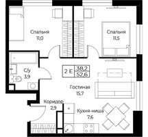 Планировка двухкомнатной(апартаменты) площадью 52.6 квадратных метров в “ЖК Апарт-комплекс AIST RESIDENCE (Аист Резиденс)”