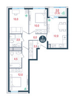 Планировка трехкомнатной(квартира) площадью 63 квадратных метров в “ЖК РУСИЧ-Кантемировский”