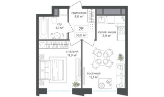 Планировка двухкомнатной(квартира) площадью 36.6 квадратных метров в “ЖК Михалковский”