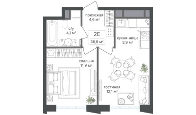 Планировка двухкомнатной(квартира) площадью 36.6 квадратных метров в ЖК “ЖК Михалковский”