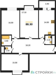 Планировка трехкомнатной(квартира) площадью 88.3 квадратных метров в ЖК “ЖК Римский”