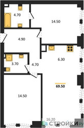 Планировка двухкомнатной(квартира) площадью 69.5 квадратных метров в ЖК “ЖК Мангазея на Тульской”