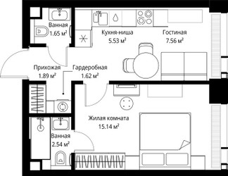Планировка однокомнатной(квартира) площадью 35.93 квадратных метров в ЖК “ЖК Веер”