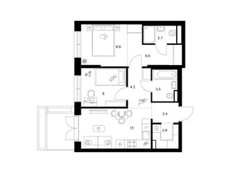 Планировка двухкомнатной(квартира) площадью 53.5 квадратных метров в ЖК “ЖК Ильинские луга”