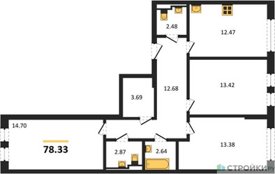 Планировка трехкомнатной(квартира) площадью 78.33 квадратных метров в ЖК “ЖК Остафьево”