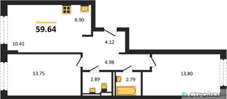Планировка двухкомнатной(квартира) площадью 59.64 квадратных метров в “ЖК Егорово Парк”