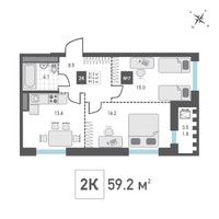 Планировка двухкомнатной(квартира) площадью 59.2 квадратных метров в “ЖК Зеленоград Ривьера”