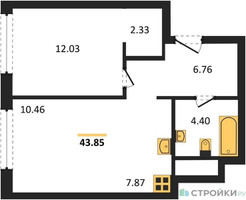 Планировка однокомнатной(квартира) площадью 43.5 квадратных метров в “ЖК Собрание клубных домов West Garden (Вест Гарден)”