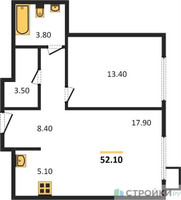 Планировка однокомнатной(апартаменты) площадью 52.1 квадратных метров в “ЖК Верейская 41”