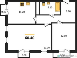 Планировка двухкомнатной(квартира) площадью 60.4 квадратных метров в “ЖК Южная Долина”