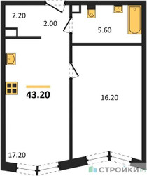 Планировка однокомнатной(квартира) площадью 43.2 квадратных метров в ЖК “Акценты”