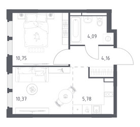 Планировка однокомнатной(квартира) площадью 35.15 квадратных метров в ЖК “ЖК Космический Квартал”