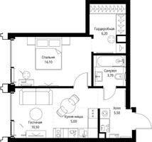 Планировка однокомнатной(квартира) площадью 45.3 квадратных метров в “ЖК СЕТ”