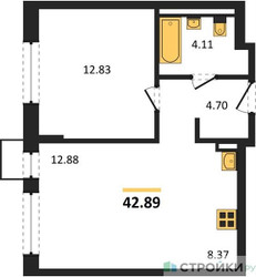 Планировка однокомнатной(квартира) площадью 42.89 квадратных метров в ЖК “ЖК Квартал Западный”