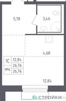 Планировка студии(квартира) площадью 26.76 квадратных метров в “ЖК Рублевский Квартал”