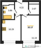Планировка однокомнатной(квартира) площадью 32.17 квадратных метров в “ЖК Рублевский Квартал”