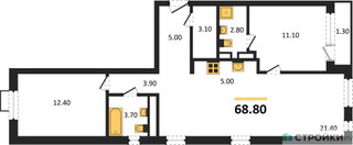 Планировка двухкомнатной(квартира) площадью 68.8 квадратных метров в “ЖК Новая Щербинка”
