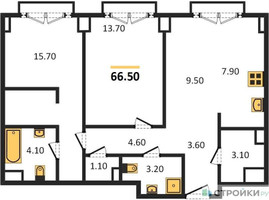 Планировка двухкомнатной(квартира) площадью 66.5 квадратных метров в “ЖК Sydney City (Сидней Сити)”