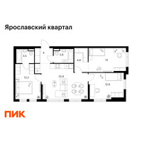 Планировка трехкомнатной(квартира) площадью 77.2 квадратных метров в “Ярославский квартал”