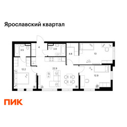 Планировка трехкомнатной(квартира) площадью 77.2 квадратных метров в ЖК “Ярославский квартал”
