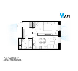 Планировка однокомнатной(апартаменты) площадью 47.1 квадратных метров в ЖК “ЖК Резиденции Архитекторов”