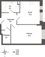 Планировка однокомнатной(квартира) площадью 42.6 квадратных метров в “ЖК КИНОКВАРТАЛ”