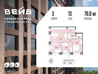 Планировка трехкомнатной(квартира) площадью 71.6 квадратных метров в ЖК “ЖК Вейв”