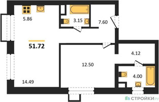 Планировка однокомнатной(апартаменты) площадью 51.72 квадратных метров в “ЖК N’ICE LOFT (Найс Лофт)”