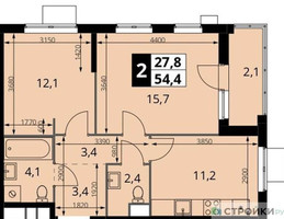 Планировка двухкомнатной(квартира) площадью 54.4 квадратных метров в “ЖК 1-й Измайловский (Первый Измайловский)”