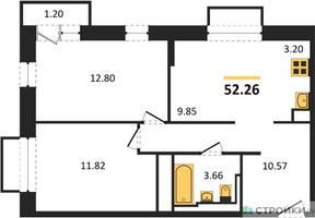 Планировка двухкомнатной(квартира) площадью 52.26 квадратных метров в “ЖК Долина Яузы”