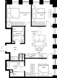 Планировка трехкомнатной(квартира) площадью 78.7 квадратных метров в ЖК “ЖК Сити Бэй”