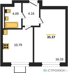 Планировка однокомнатной(квартира) площадью 35.37 квадратных метров в ЖК “ЖК Квартал Западный”