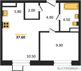 Планировка однокомнатной(квартира) площадью 37.6 квадратных метров в ЖК “ЖК ЭкоБунино (Южное Бунино)”