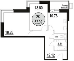 Планировка двухкомнатной(квартира) площадью 62.39 квадратных метров в “ЖК Солнечный парк”