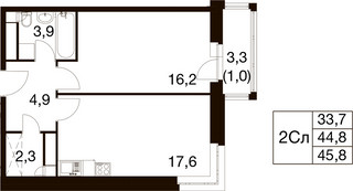 Планировка однокомнатной(квартира) площадью 44.2 квадратных метров в “ЖК Идеал”