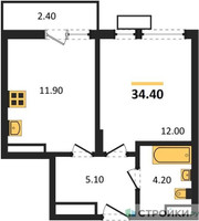 Планировка однокомнатной(квартира) площадью 34.4 квадратных метров в “ЖК Деснаречье”