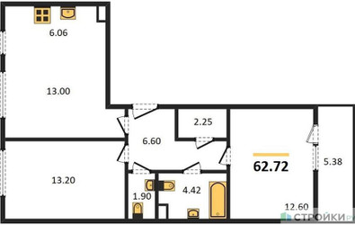 Планировка двухкомнатной(квартира) площадью 62.72 квадратных метров в ЖК “Жилые кварталы Новое Пушкино”