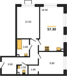 Планировка двухкомнатной(квартира) площадью 57.3 квадратных метров в ЖК “ЖК Лучи-2”