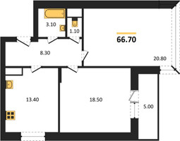 Планировка двухкомнатной(квартира) площадью 66.7 квадратных метров в “ЖК Эдельвейс (Первомайское)”