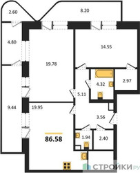 Планировка двухкомнатной(квартира) площадью 86.58 квадратных метров в ЖК “Квартал Foriver”