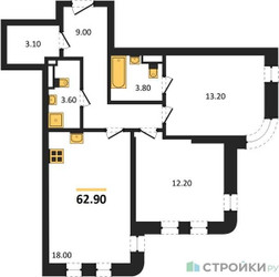Планировка двухкомнатной(квартира) площадью 62.9 квадратных метров в ЖК “ЖК МАРК”