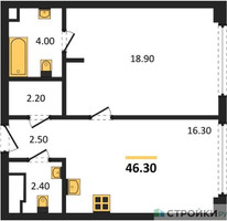Планировка однокомнатной(квартира) площадью 46.3 квадратных метров в “ЖК СТОУН Грэйн”