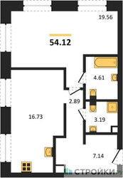 Планировка однокомнатной(квартира) площадью 54.12 квадратных метров в ЖК “ЖК UltimaСity (УльтимаСити)”